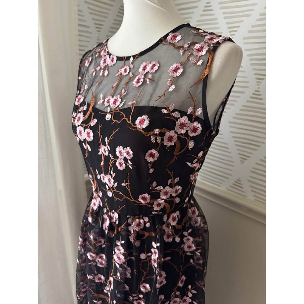 BLDHM Bronx & Banco Size 8 Black Mesh Floral Embroidered Midi Dress Anthro - Picture 3 of 10